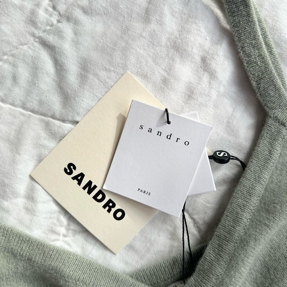 $136 Sandro Soft Wool Olive Green Cream Sweater Tank Top Shirt Large Women's 3 - Picture 2 of 8